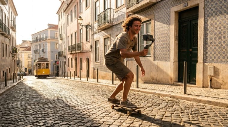 A skater filming himself with a gimbal on a sunny Lisbon street, a yellow tram behind him